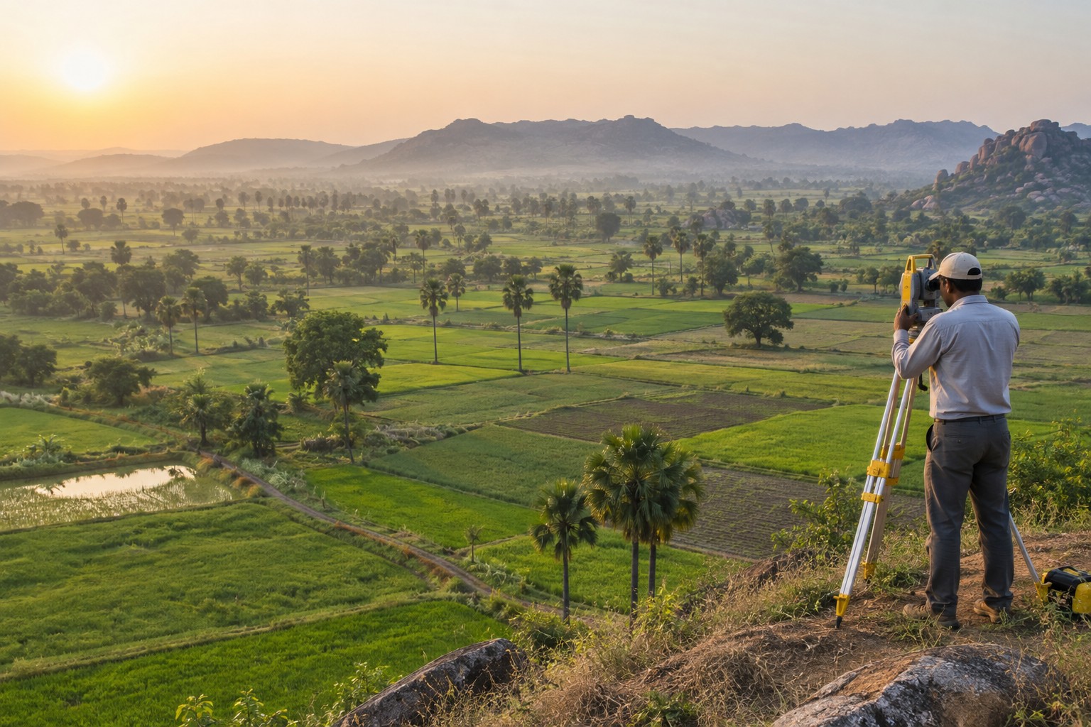 Illustrative view of a surveyor working beside agricultural fields